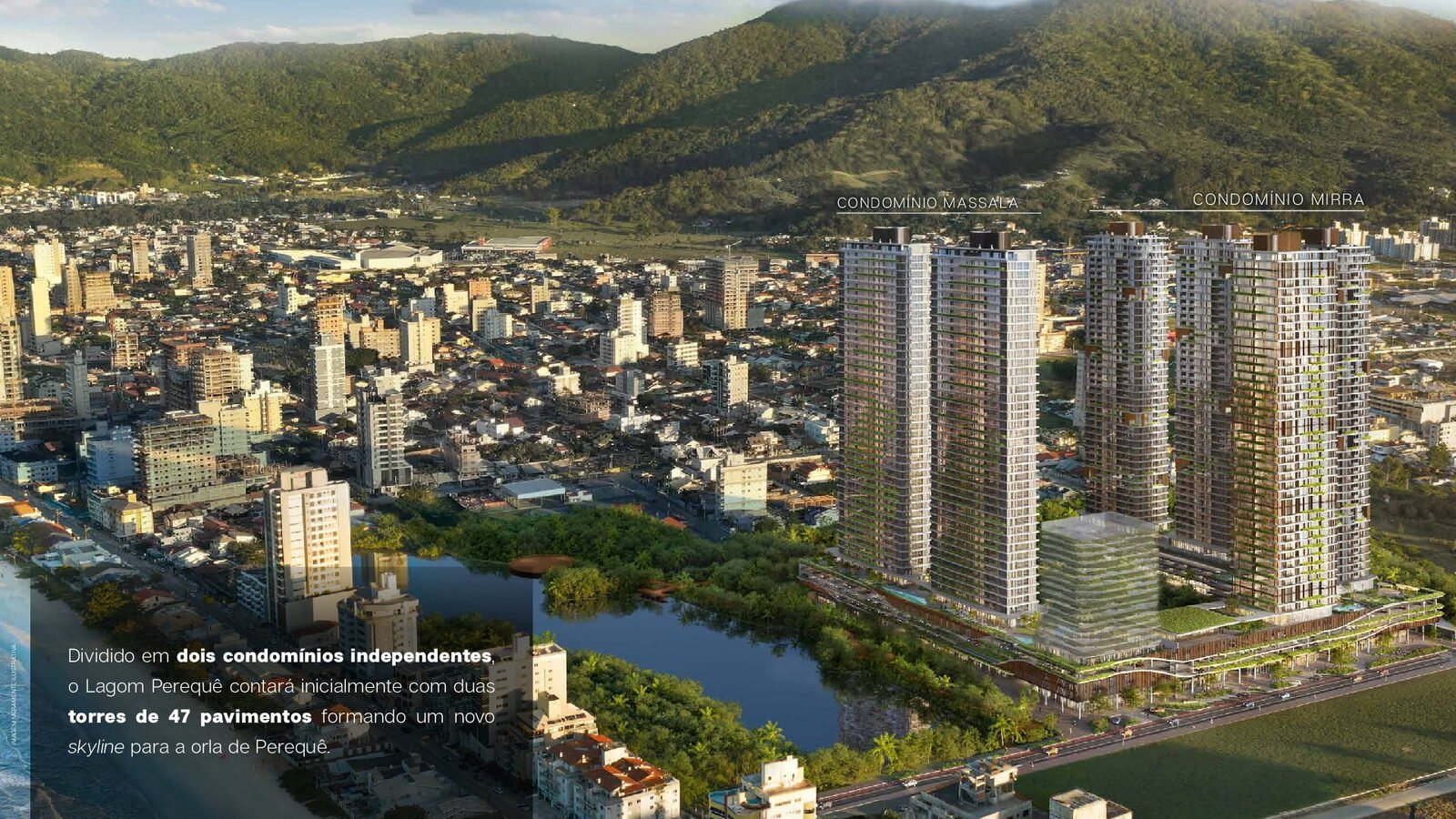 Vista aérea das torres integradas à cidade e ao mar